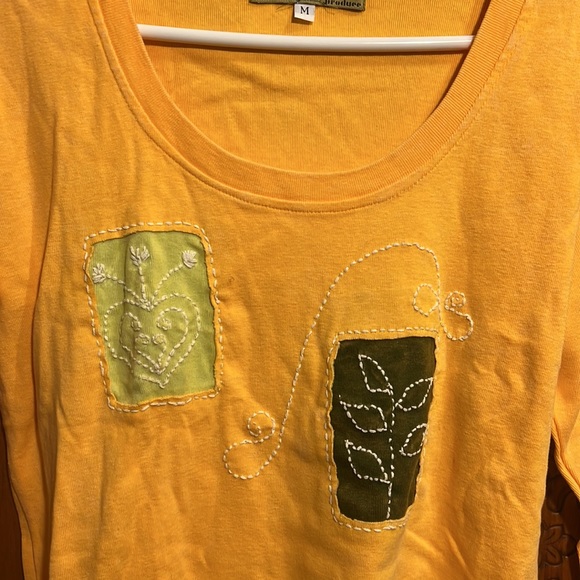 Never worn unique yellow long sleeved tee w/heart & plant patches & stitching - Picture 2 of 5